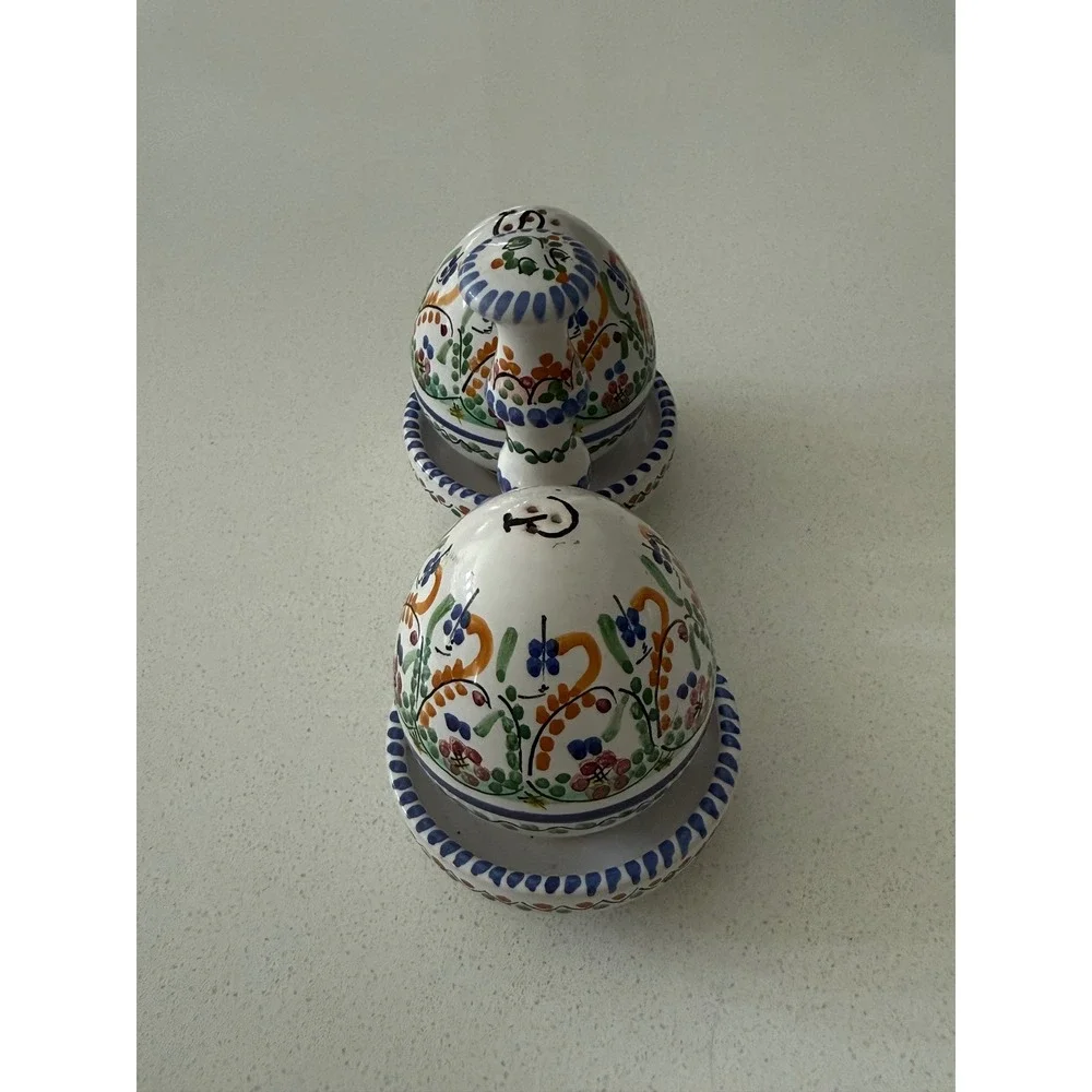 Vtg Sevilla Cruz Hand Painted Ceramic Salt and Pepper Shakers with Caddy Spain
